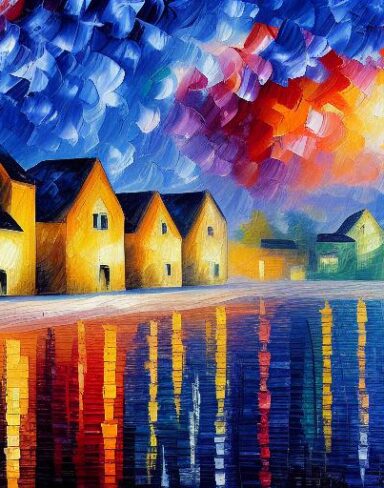 A painting of houses with water nearby