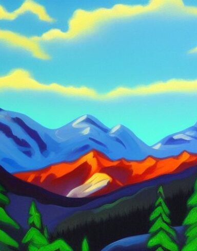 A painting of mountain and trees with a sky