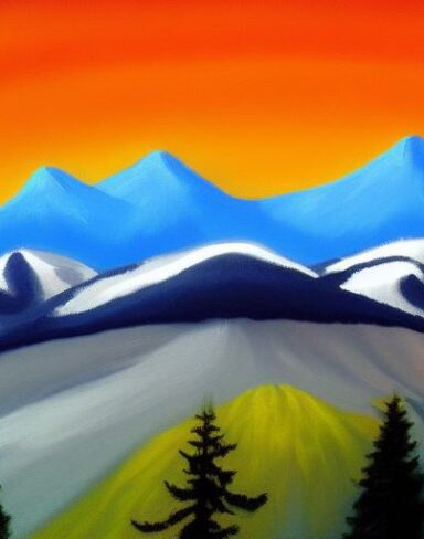 A painting of mountain and trees with a sky