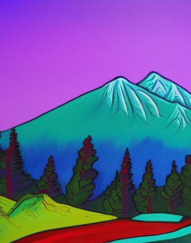 A painting of mountain and trees with a sky