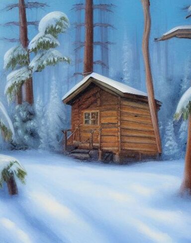 A painting of one cabin in a snowy forest in winter