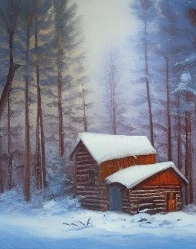 A painting of one cabin in a snowy forest in winter season