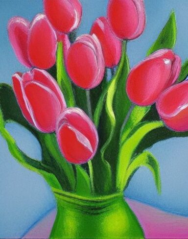 A painting of pink tulips in a vase