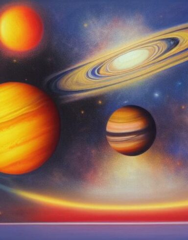 A painting of planets in infinite space