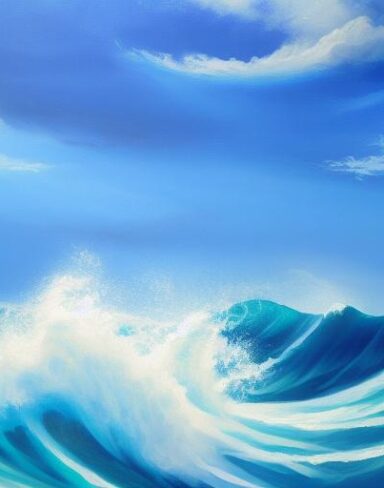 A painting of sea waves and bright sky