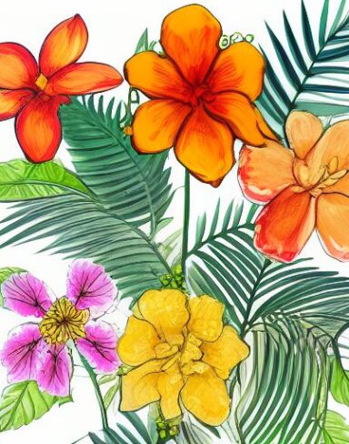 A painting of six flowers on a white background