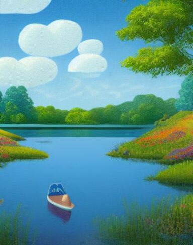 A painting of small lake with blue flowers