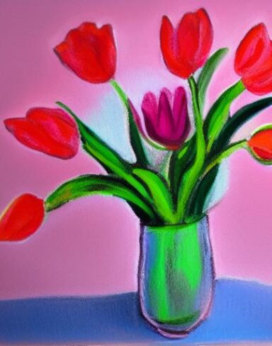A painting of some pink flowers in the vase