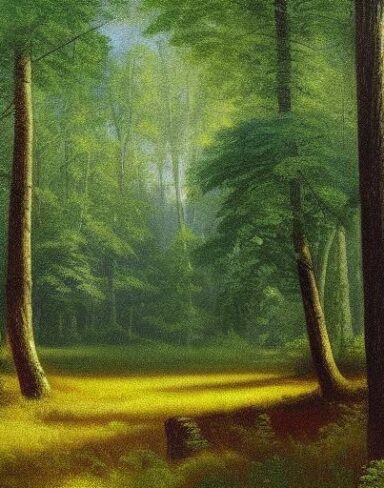 A painting of some trees in a forest