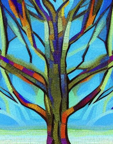 A painting of tree with sky in the background