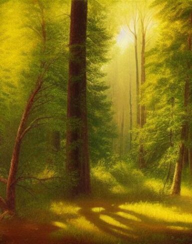 A painting of trees and green plants in a forest