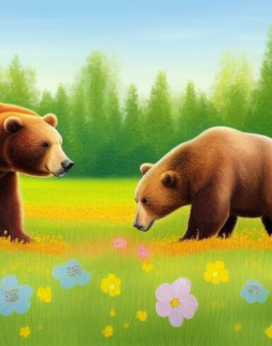 A painting of two bears in a flower field