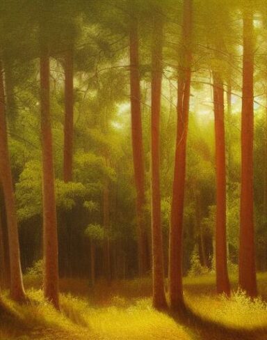A painting of various trees in a forest