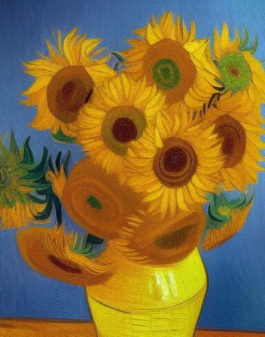 A painting of yellow sunflowers