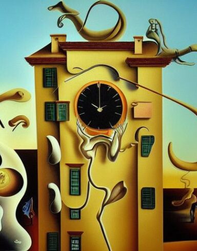 A painting on the side of a building with a curvy clock