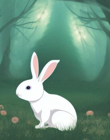 A peaceful white rabbit sitting in the middle of a forest at night