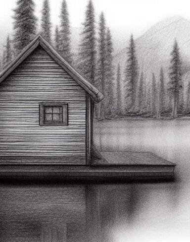A pencil drawing of a cabin near a lake