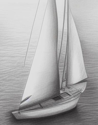 A pencil drawing of a sailboat in the water