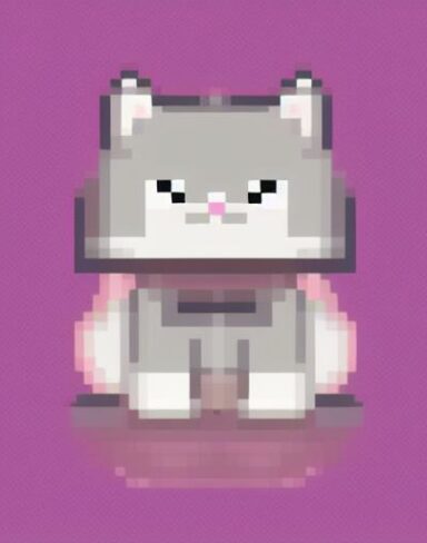 A pink cat sitting on top of a white surface