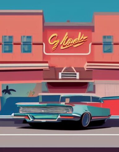 A retro car is parked near a restaurant