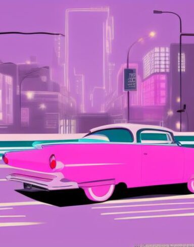 A retro pink car driving down a street at night