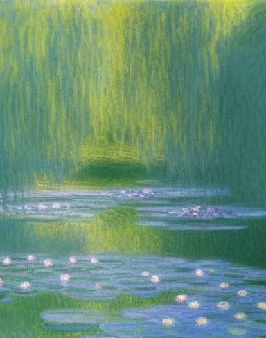A serene painting of a man standing next to a pond filled with water lilies