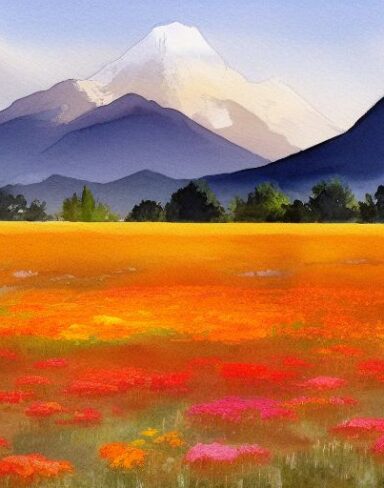 A serene watercolor painting of a field of marigolds with a mountain in the background