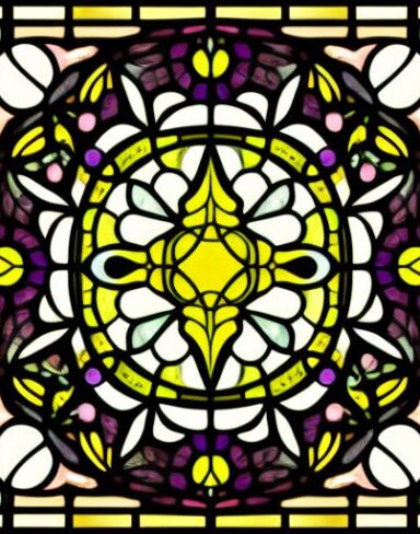 A stained glass picture of black flowers