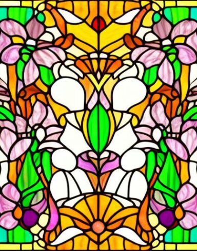 A stained glass picture of bright flowers