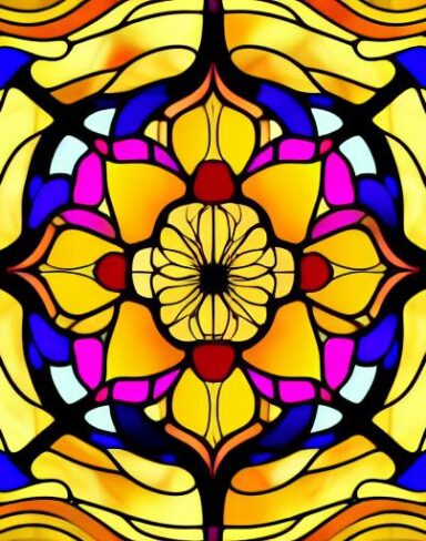 A stained glass picture of lotus flowers