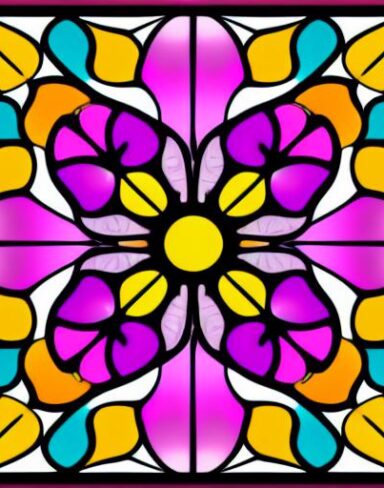 A stained glass picture of pink flower patterns
