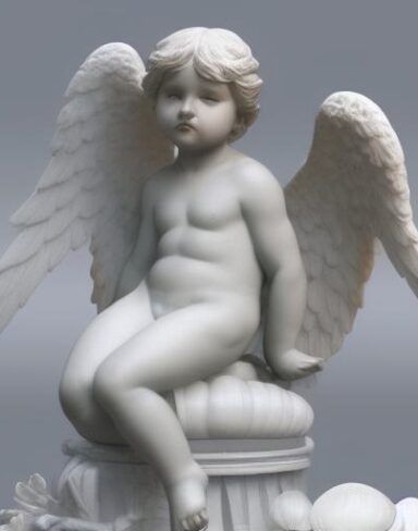 A statue of an angel sitting on a mushroom