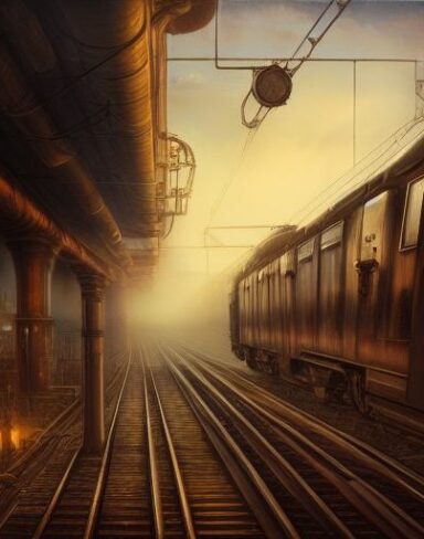 A steampunk painting of a train on a train track