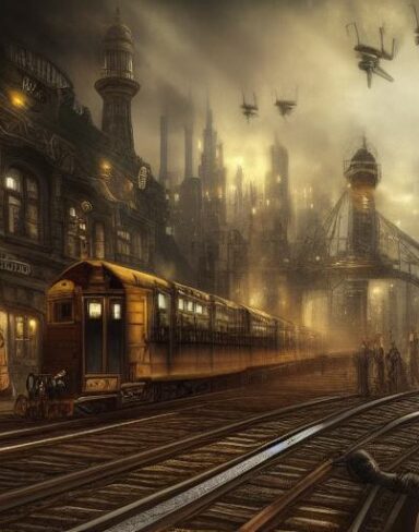A steampunk train traveling through a city