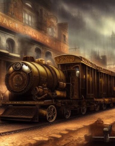 A steampunk train traveling through a city