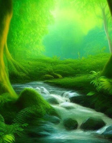 A stream running through a lush green forest