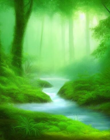 A stream running through a lush green forest