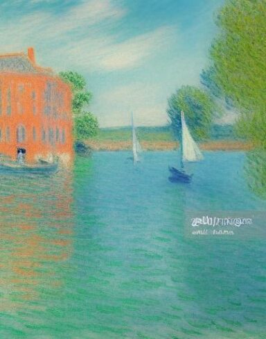 A vibrant painting of a building next to a body of water