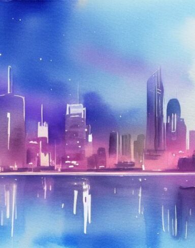 A watercolor drawing of a cityscape with night sky