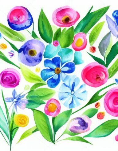 A watercolor drawing of bright-coloured flowers on a white background inspired by Esteban Vicente