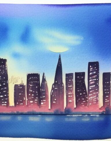 A watercolor drawing of of city and buildings at night with sky
