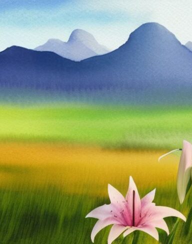 A watercolor painting of a field of lily with a mountain in the background