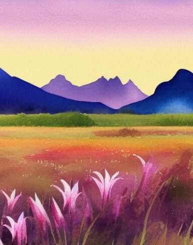 A watercolor painting of a field of lily with a mountain in the background at sunset