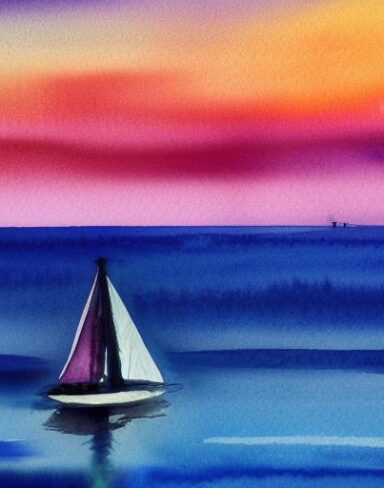 A watercolor painting of a sailboat in the ocean at sunset with a purple sky with fish jumping out of water