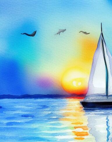 A watercolor painting of a sailboat in the ocean at sunset with dolphins