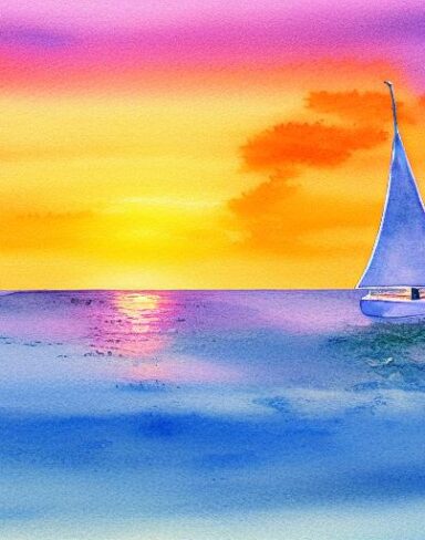 A watercolor painting of a sailboat in the ocean at sunset with dolphins with fish jumping out of water