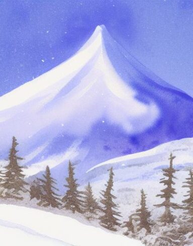 A watercolor painting of a snowy mountain inspired by Charles E. Burchfield