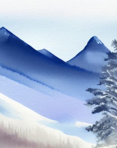 A watercolor painting of a snowy mountain scene. Burchfield