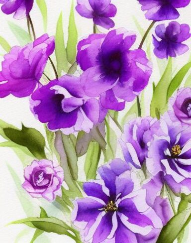 A watercolor painting of elegant flowers on a white background by Sydney Carline