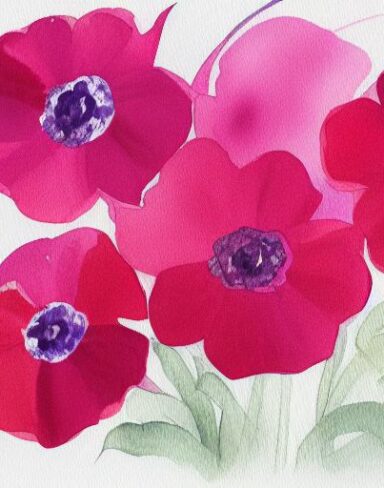 A watercolor painting of red flowers on a white background by Sydney Carline